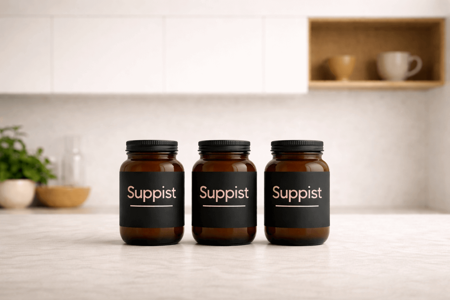 Suppist supplement jars in a modern kitchen